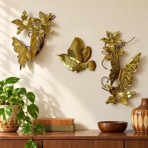 HOMCO Home Interiors Brass Butterfly Hummingbird Wall Decor Set of 3 Gold Floral